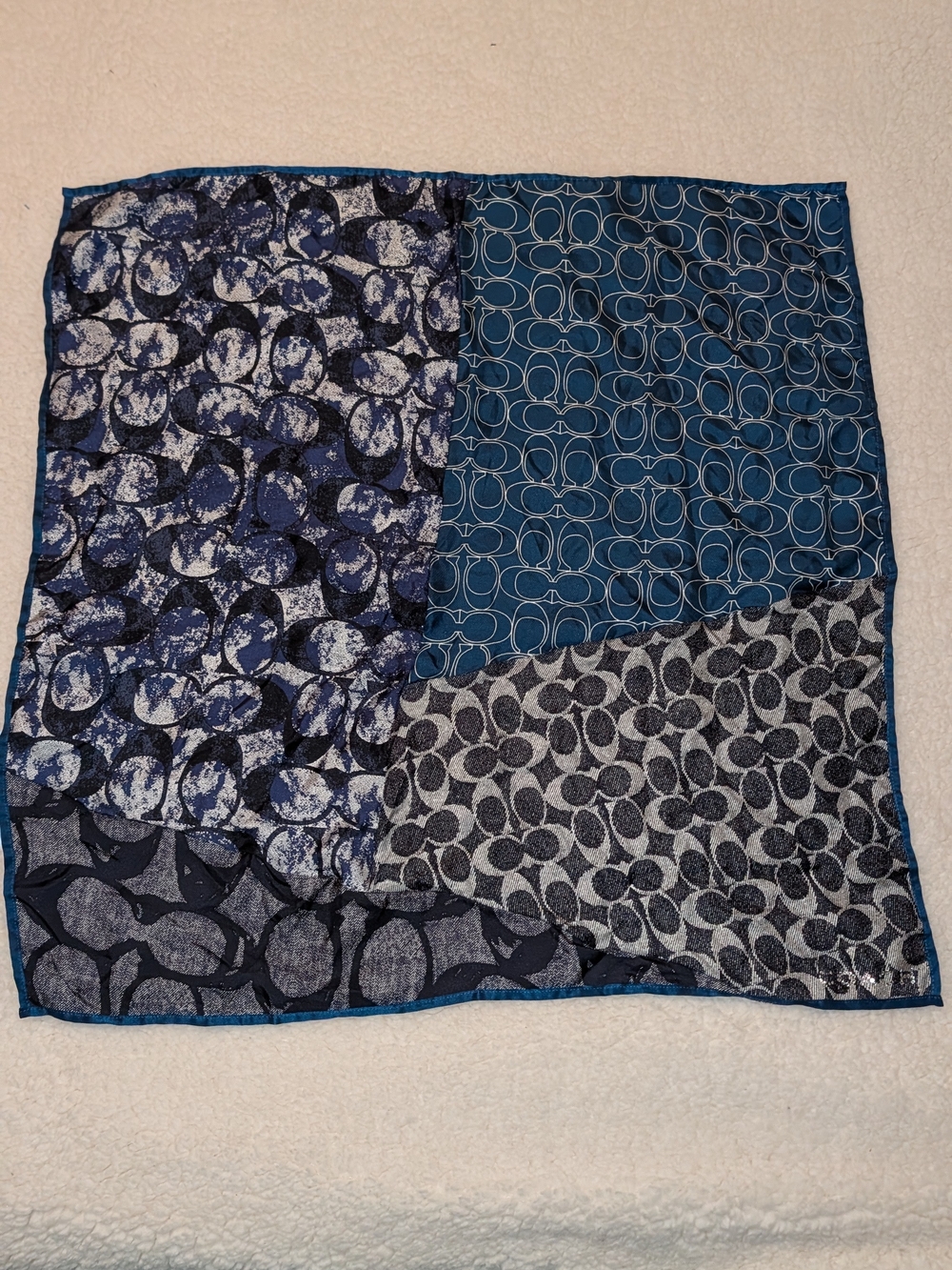 Coach Crystal Logo Patchwork Patterned Square Scarf Multi-Print  Blue Black VGUC